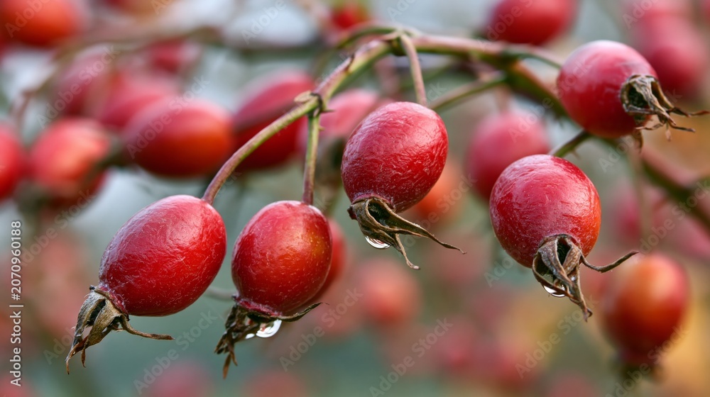 Obraz premium Rose hip berries, seen up close, make a lovely backdrop.