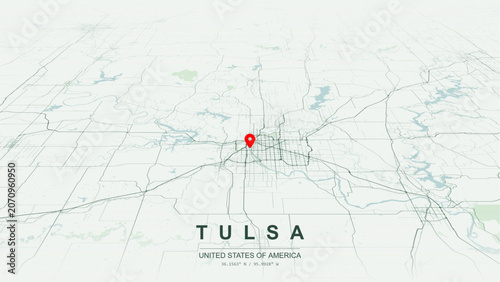 Modern minimalist vector map of Tulsa, Oklahoma, USA. High-quality scalable illustration of Tulsa Oil Capital downtown art-deco city grid for posters design.