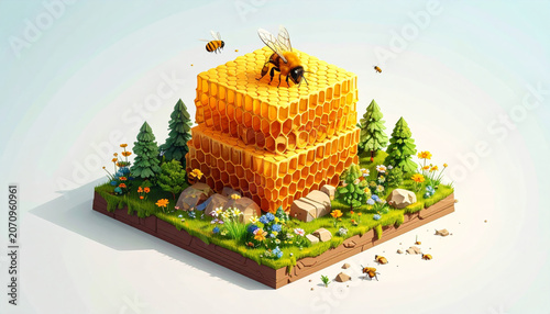 Bee on Honeycomb Cube with Forest Landscape - Sweet Nature Concept
