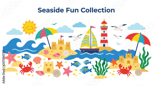 Foto Seaside fun collection with beach elements.