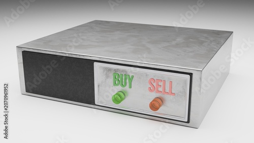 Buy and sell decision box with green and red push buttons, financial concept 3D render
