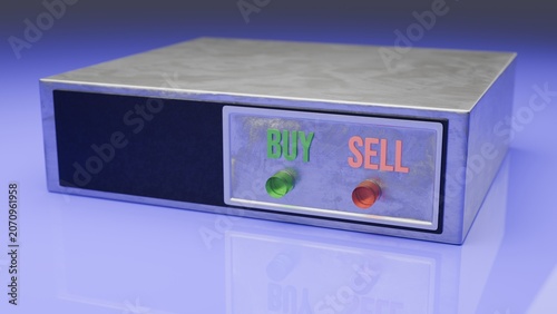 Buy and sell decision box on dramatic blue background, financial concept 3D render