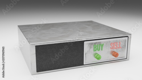 Side view of buy and sell decision box, financial choice concept 3D rende