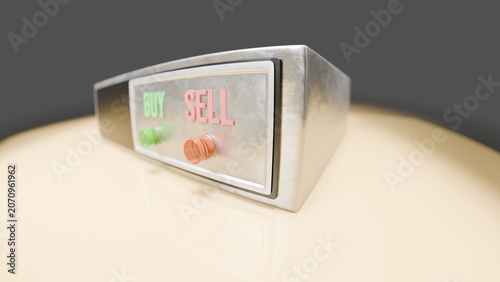 Low angle close-up of buy and sell box, financial decision concept 3D render