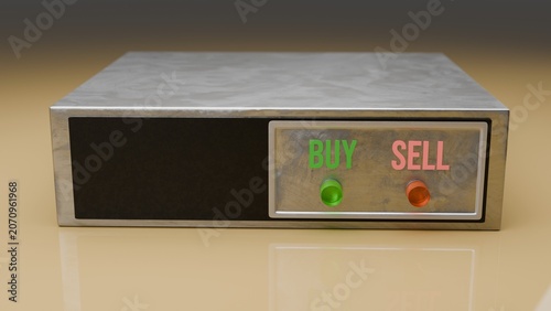 Buy and sell decision box on warm background, financial choice concept 3D render