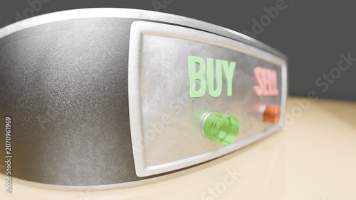 Extreme close-up of buy and sell buttons on brushed metal surface, financial concept