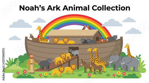 Fotografie Noah ark animal collection with rainbow and forest scene.