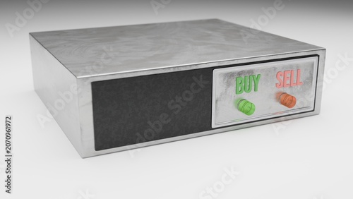 Close-up of buy and sell push buttons on metallic financial decision box, 3D illustration