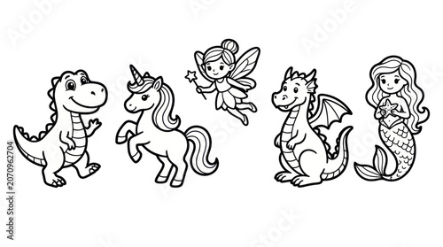 Fotografie Colorful cartoon fantasy creatures line up.