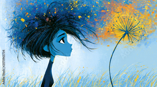 Blue Girl in Profile with Giant Dandelion – Vibrant Fantasy Illustration