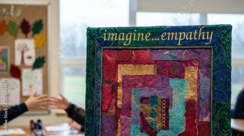 Colorful handmade fabric artwork titled imagine empathy displayed in a classroom for social emotional learning decor and creative project background