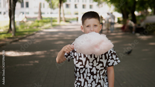 Young child standing on paved park path, holding oversized pink cotton candy on paper cone, wearing patterned short sleeve shirt in soft daylight