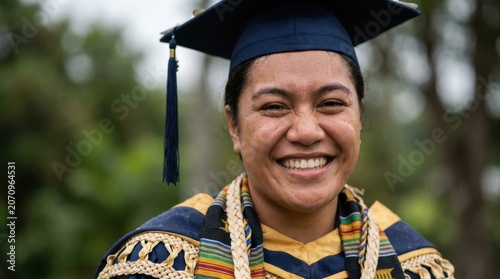 Female graduate smiling in cap and gown with honor cords for commencement celebration banner and portrait background