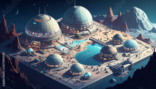 Futuristic alien city on Mars with domes, lakes, and mountains - Sci-fi concept