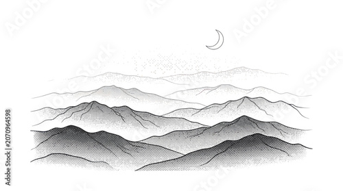 Photos Mountain range landscape with crescent moon.