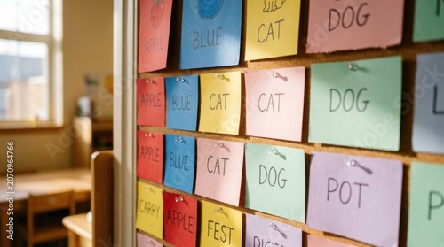 Colorful flashcards pinned to classroom wall with simple words and drawings for preschool learning display and early education aid