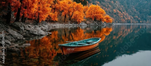 A boat rests on a lake surrounded by orange autumn foliage