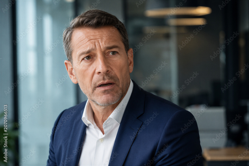 Fototapeta premium Concerned Businessman Reacting to Unexpected News in the Workplace