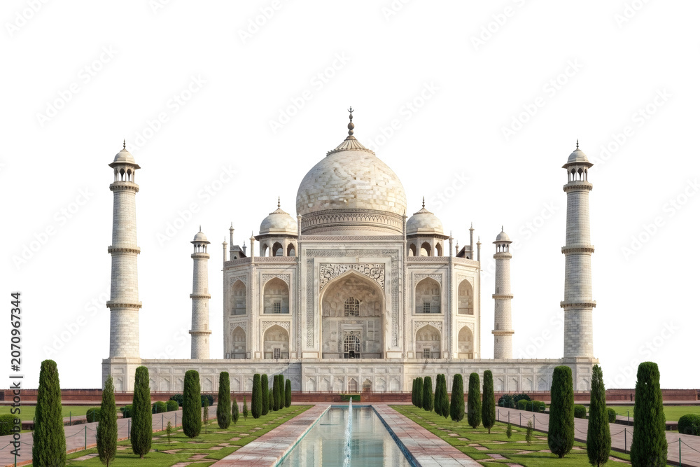 Fototapeta premium Taj Mahal white marble mausoleum architecture with symmetrical gardens and reflecting pool for travel and historical cultural tourism marketing projects