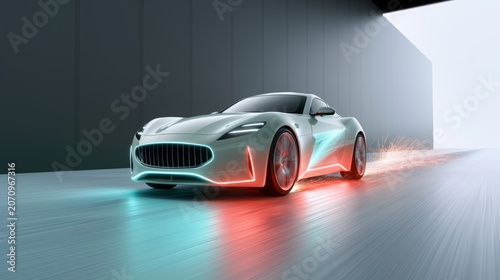 Electric sports car speeding through a futuristic tunnel, showcasing dynamic neon light strips and generating sparks with high-velocity motion blur