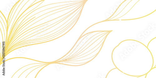 Fotografía Abstract Golden Floral Design: Elegant, flowing lines in a soft golden hue form an abstract floral pattern against a clean white background, creating a serene and sophisticated visual