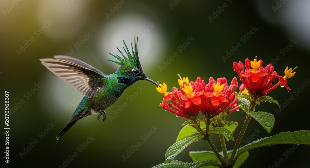 Obraz premium Hummingbird delicately probes vibrant flowers for nectar in lush nature setting