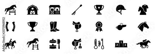 Photography Set of black equestrian and horse riding icons including horse jumping, barn, st