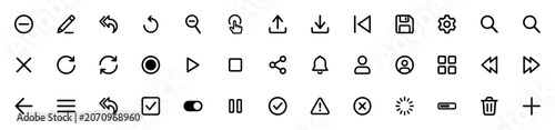 Foto Set of various user interface icons including play, pause, upload, download, set