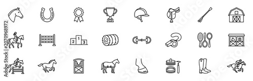 Canvas Print Set of black line icons about horse riding and equestrian sport with stable elem