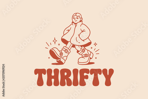 Foto Stylish person walking in trendy oversized boots and jacket with thrifty text il