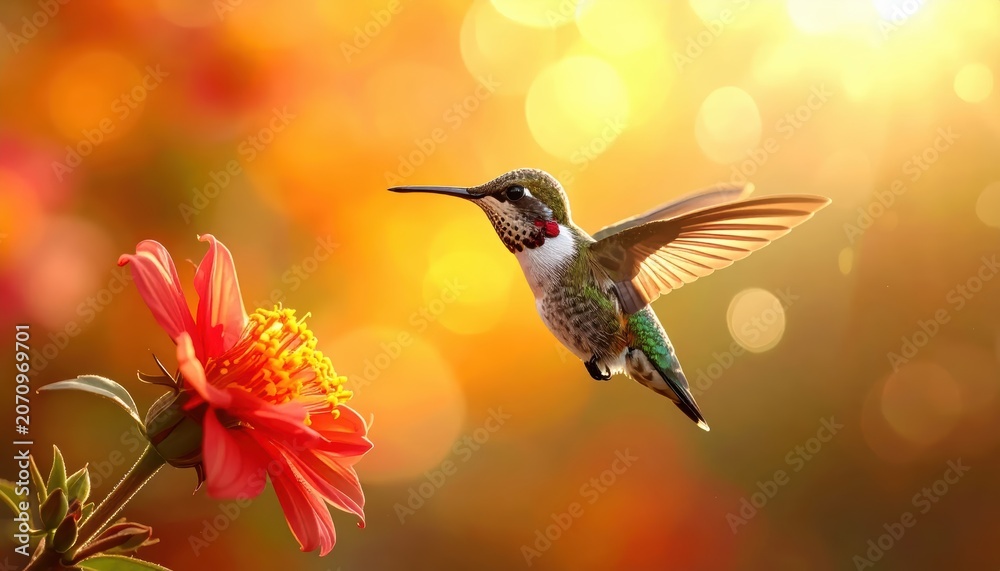 Obraz premium Hummingbird Feeding on a Vibrant Flower in Golden Sunlight.