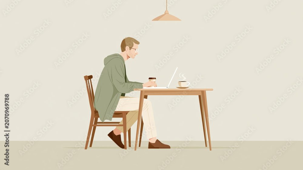 Fototapeta premium Man working on laptop at a quiet cafe with coffee and casual home-office vibe
