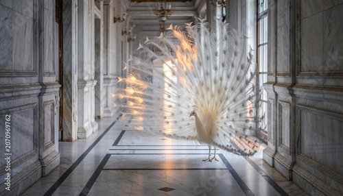 Elegant White Peacock Displaying Feathers in a Marble Hallway.