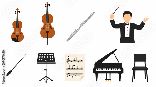 Foto Collection of musical instruments and conductor illustration.