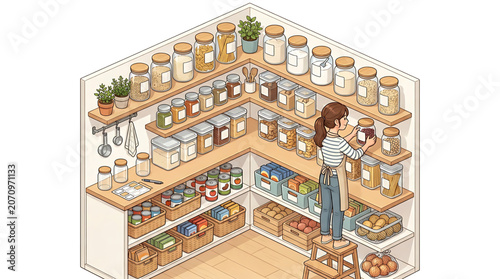 Isometric illustration of a woman organizing a pantry with shelves full of food jars and containers