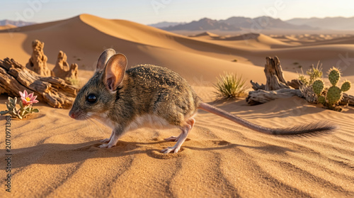 Big-eared hopping mouse, Notomys macrotis, Holocene, scientifically accurate representation, extinct desert rodent with large ears on sand