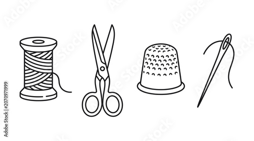 Tableau sur toile Essential sewing tools with thread spool scissors thimble and needle