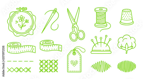 Photos Sewing and embroidery tools icon set in green line art