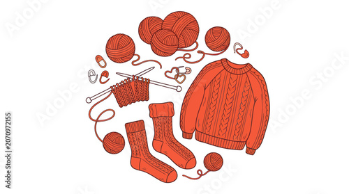 Photography Red knitted sweater socks and yarn balls with knitting needles