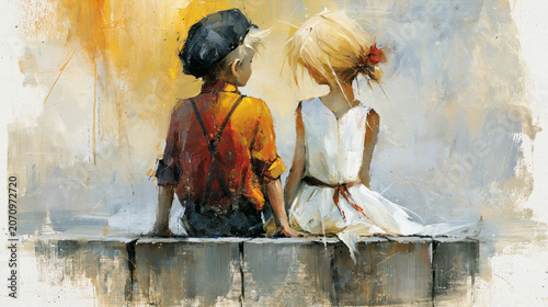 Boy and Girl Sitting Together on Wall – Nostalgic Childhood Illustration