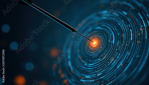Precision Dart Hitting Digital Target Bullseye with Glowing Blue Data Circles
