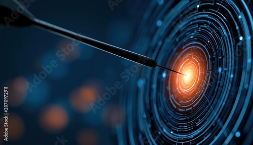 Dart hitting the center of a glowing digital technological target