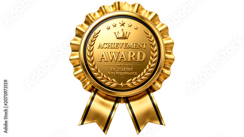 Golden achievement award medal with ribbon, shiny gold trophy seal for excellence in performance, premium quality winner badge with crown and stars isolated on White Background