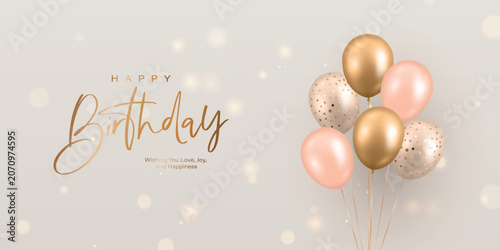 Vector 3d Happy Birthday Greeting Card with Realistic Balloons. Poster with Gold and Blush Pink Helium Balloon Bouquet. Elegant Party Invitation. Celebration Background, Vector Illustration