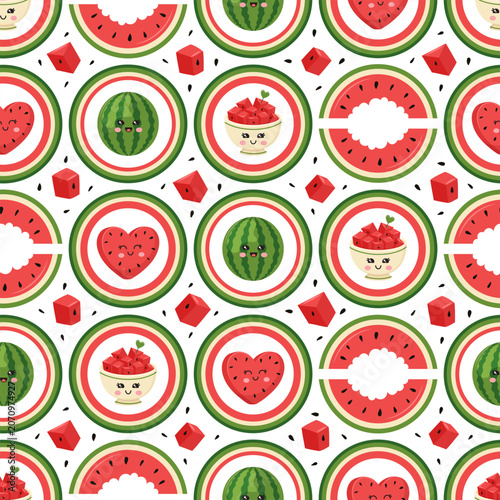 Geometric Cute Kawaii Watermelon Seamless Pattern with Cartoon Fruits, Hearts, and Watermelon Slices on a White Background.