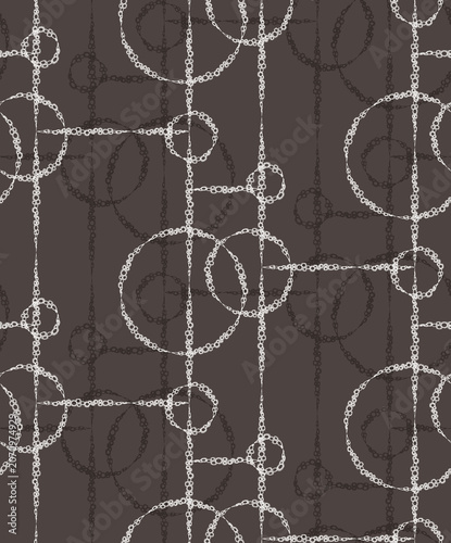 Seamless sophisticated abstract background texture featuring a geometric network of white and dark brown circular dots forming intricate grid and circle patterns on a deep dark brown background