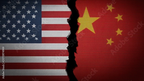 US and China flags divided by a central crack