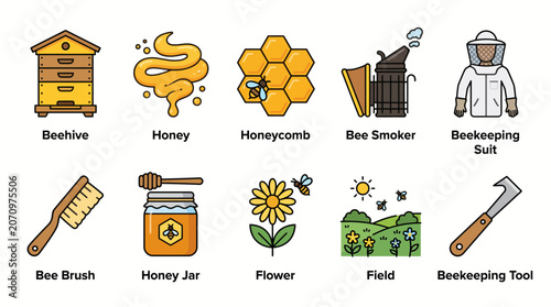 Schilderij op canvas Colorful Beekeeping and Honey Production Icons Set.
