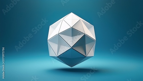 white dodecahedron geometric shape floating in the center of a solid blue background