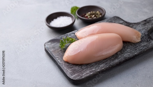 fresh raw chicken breast on light gray natural stone surface